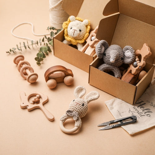 Baby Wooden/Crochet Rattle set