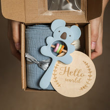 Load image into Gallery viewer, Baby wooden set with swaddle and bib